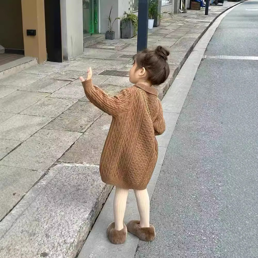 CF25091919韓系童裝秋冬新款兒童中長款寬鬆毛衣裙女童麻花針織