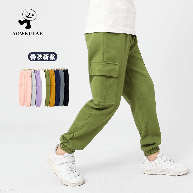 FI25101415秋季童褲韓版新款男童休閒褲中大純童運動色工裝褲女童褲子批發