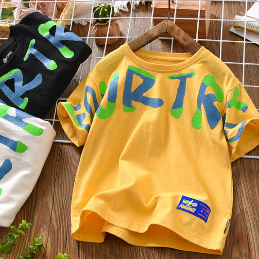 FB24070107男童印花短袖T卹2024夏季新款韓版兒童條紋半袖體恤中大童上衣潮