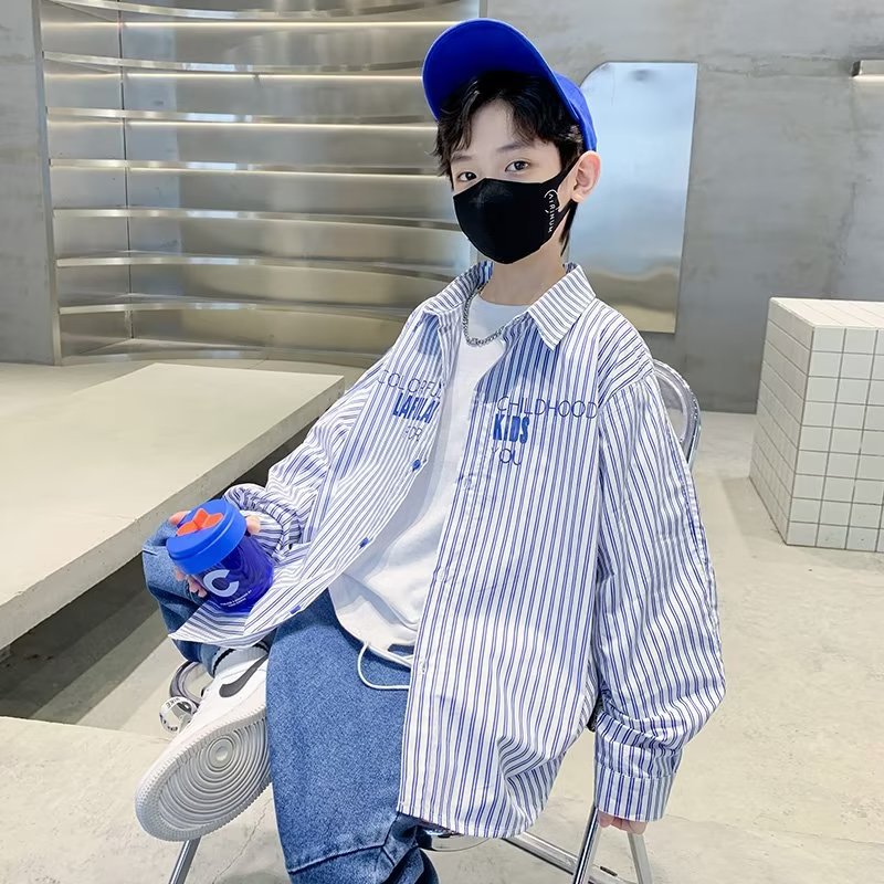 FD24010414男童長袖襯衫春季新炸街中大童休閒男孩條紋兒童春秋上衣寸衣潮