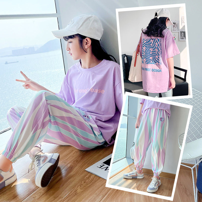 FC24040702全新套裝夏裝女童休閒運動服女大童兒童夏季短袖時尚洋氣童裝(9-12天到貨)