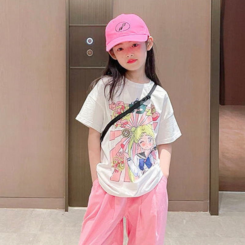 FG25053010美少女戰士童裝韓版中大童女童夏裝短袖九分褲套裝潮流兩件套兒童