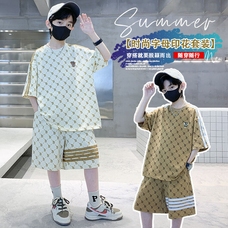 FC24040715男童夏裝薄款T卹短褲洋氣兩件套中大童炸街2024新帥氣寬鬆套裝(9-12天到貨)