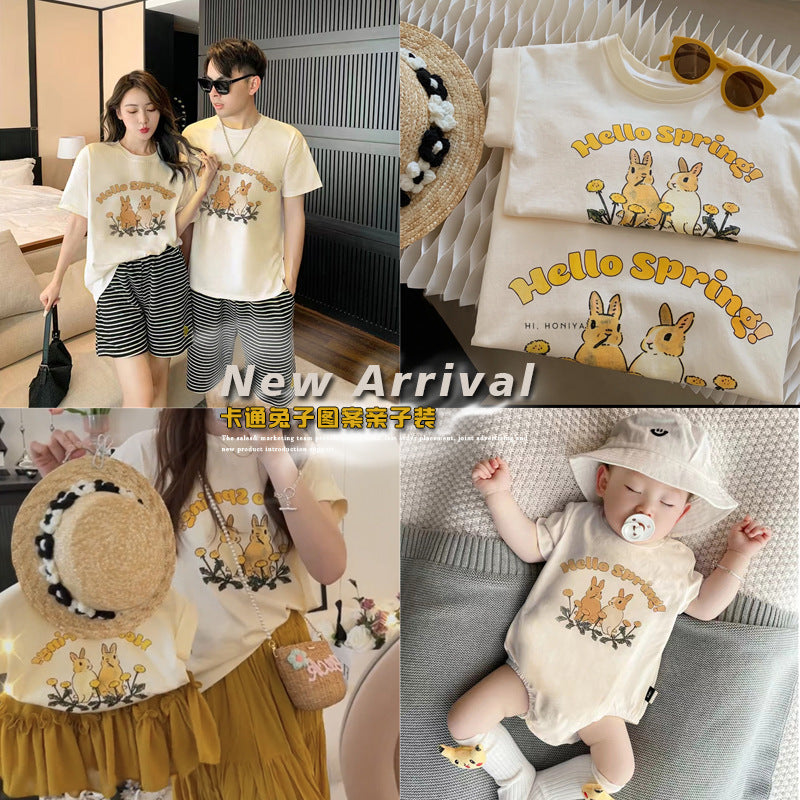 L23070609嬰兒親子夏季一家三口洋氣母女小兔子卡通T恤海邊碎花半身裙套裝