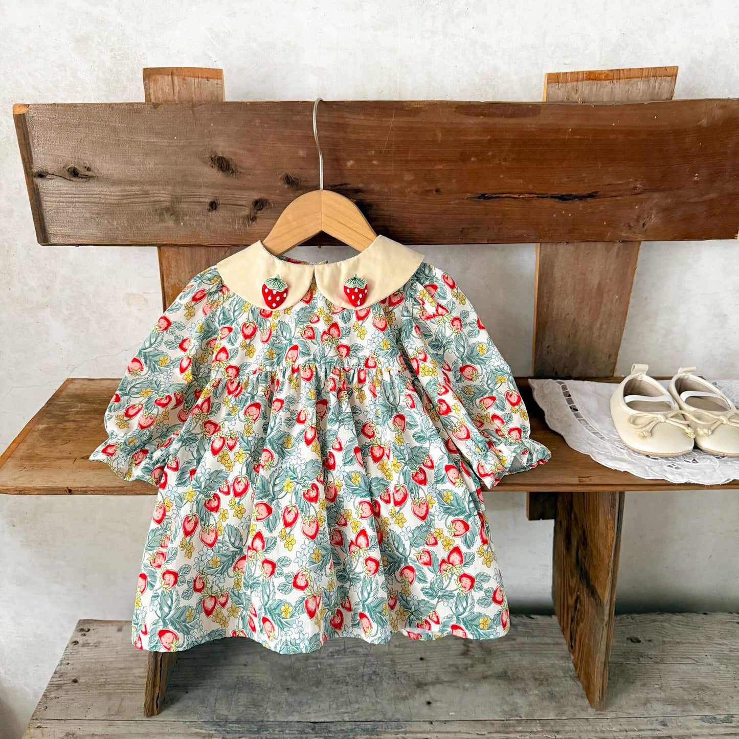 GF25081505  ins韓版女孩寶寶純棉草莓印花翻領洋裝中小童春秋季可愛裙子