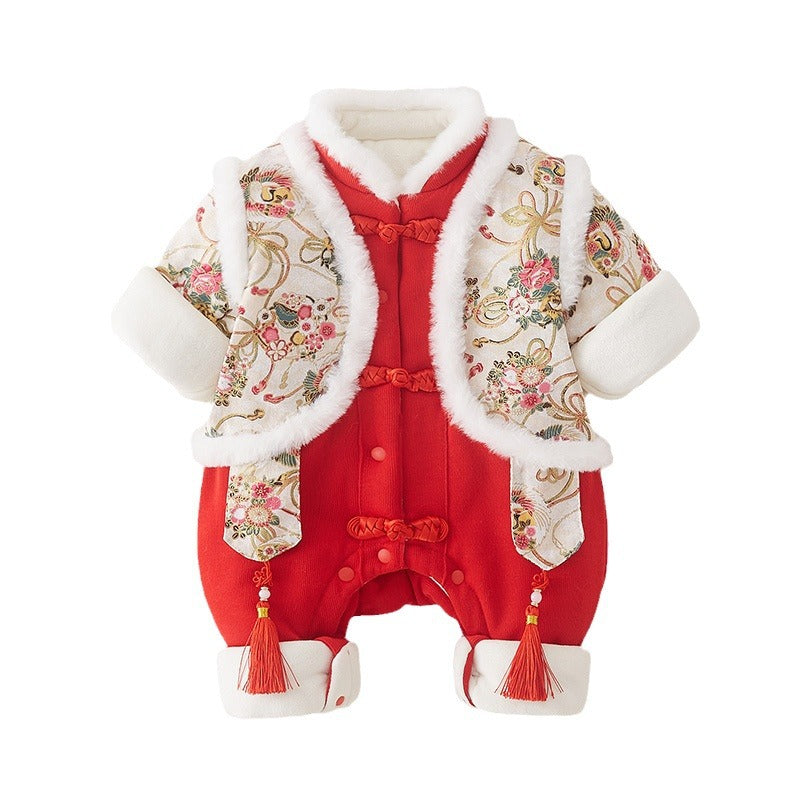 Z23121407新款嬰兒中國風拜年服加絨加厚連身衣寶寶新年衣服保暖外出服(9-12天到貨)