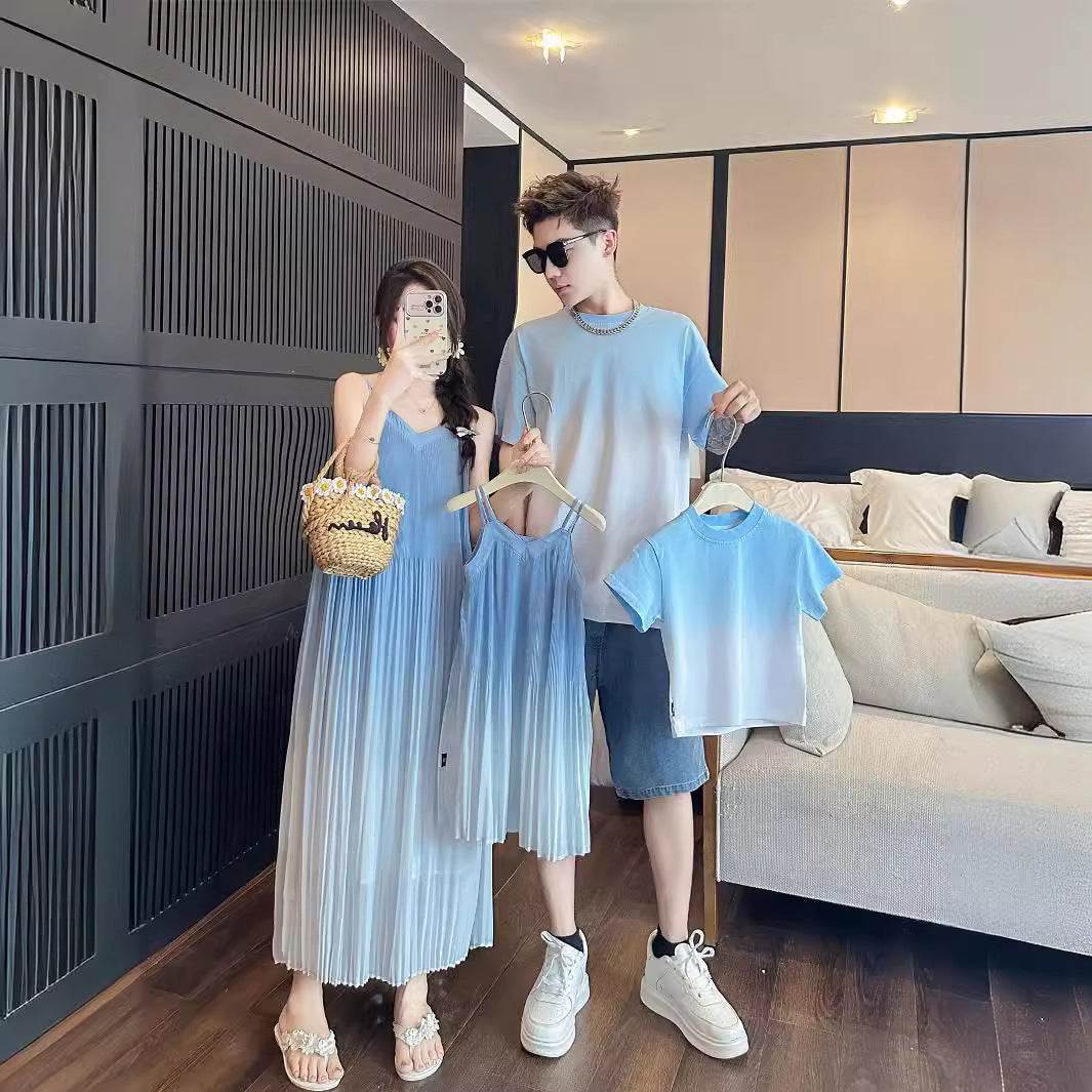L25041705海邊度假風漸層母女吊帶洋裝女夏季新款小清新一家三口短袖T恤