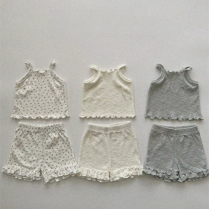 GF25061710ins韓版嬰童寶寶夏季純棉坑條木耳邊背心上衣短褲套裝高彈外出服