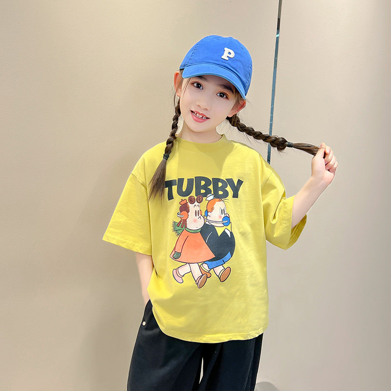 Z25030434女童短袖純棉洋氣兒童t恤女童夏季寬鬆前後印花半袖上衣童裝潮