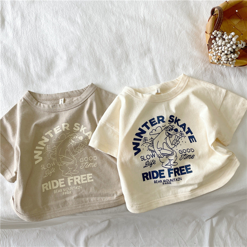 CA23072715夏季新品兒童韓版麻棉短袖T恤女童男童弧形包邊打底衫兒童