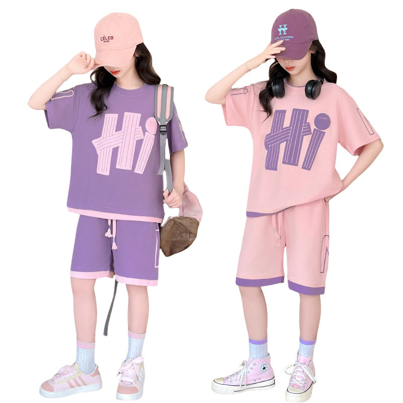 FG25053015女童夏季套裝2025新款時髦兒童休閒運動韓範女大童短袖五分褲夏裝