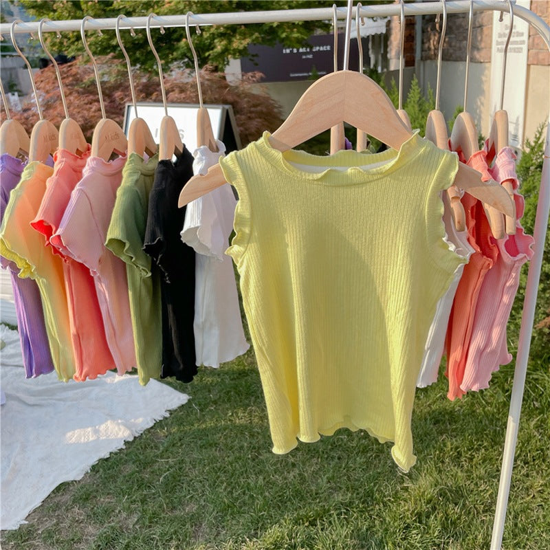 CA23072711新款韓範童裝女童夏季木耳捲邊短袖T恤女寶寶糖果色背心