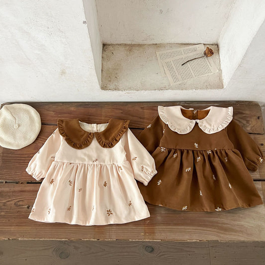 GF25081523  ins韓版女孩寶寶純棉滿繡撞色翻領洋裝嬰兒幼童春秋休閒洋裝