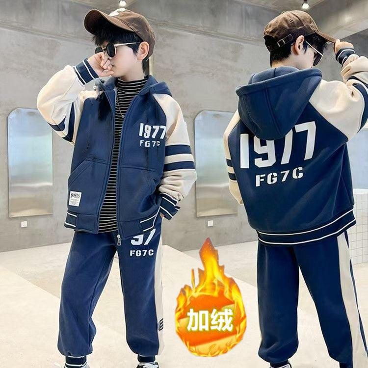 FG25112014男童雙面加絨加厚金絲絨套裝中大兒童拉鍊開襟衫運動休閒冬裝兩件套