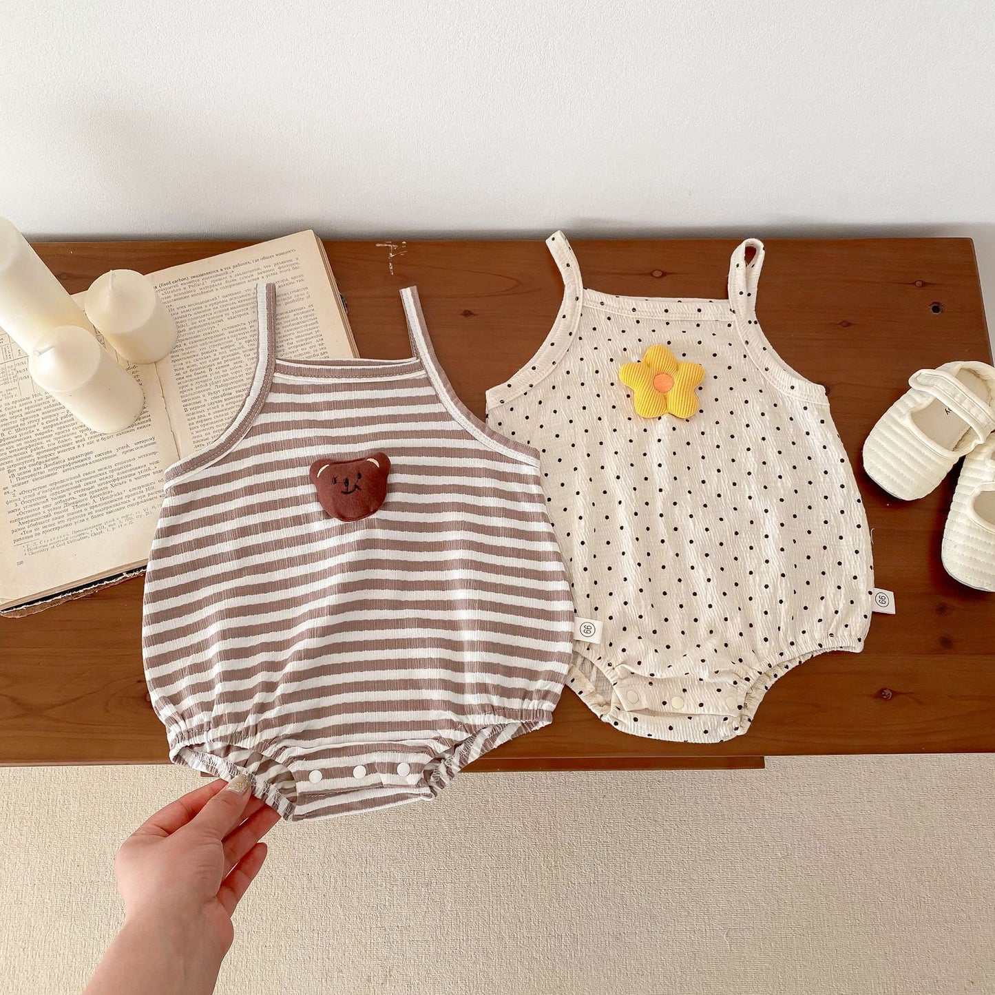 G24072102韓版嬰兒寶寶夏日小吊帶洋氣時尚兒童條紋原點卡通哈衣爬爬服