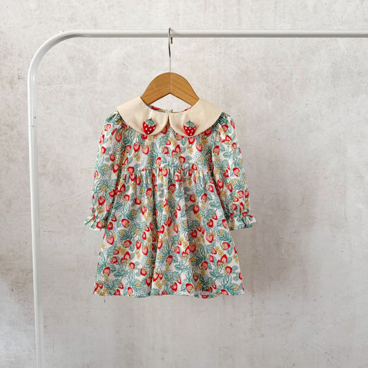 GF25081505  ins韓版女孩寶寶純棉草莓印花翻領洋裝中小童春秋季可愛裙子