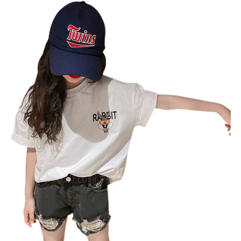 Z25030428女童短袖純棉洋氣兒童t恤女童夏季寬鬆前後印花半袖上衣童裝潮