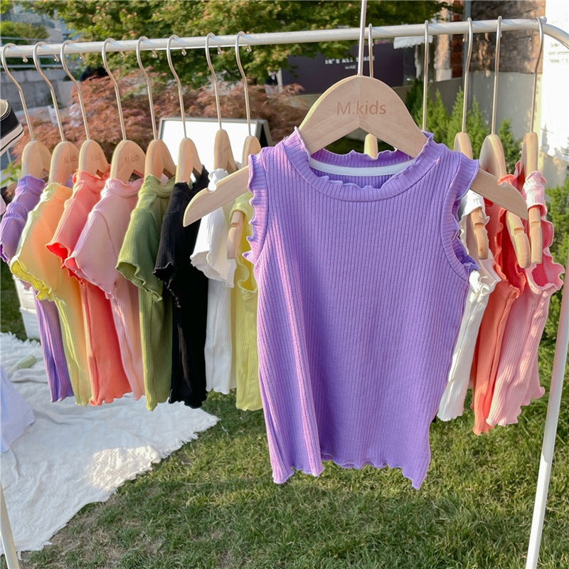 CA23072711新款韓範童裝女童夏季木耳捲邊短袖T恤女寶寶糖果色背心