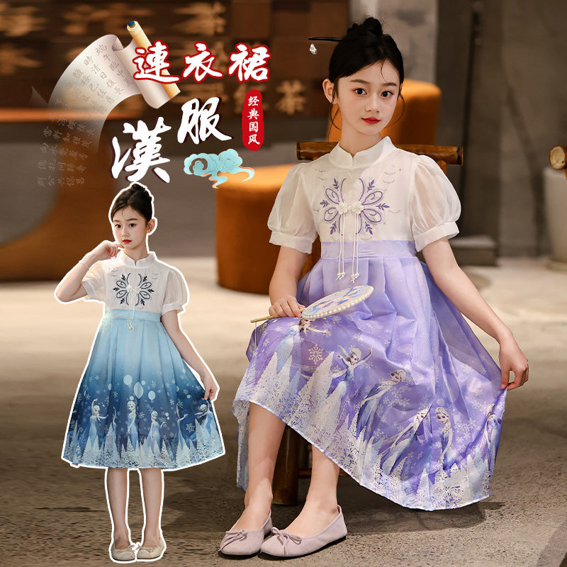 F24050714漢服女童夏裝2024新款大童短袖連身裙兒童風新款夏季唐裝