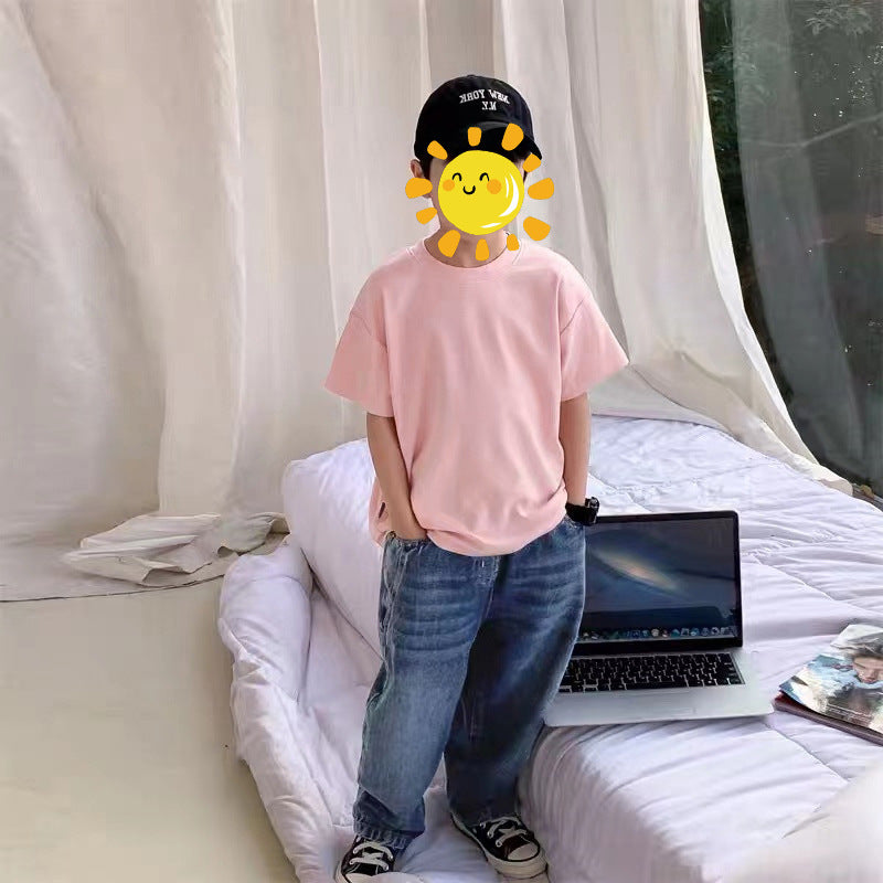 Z25030409含棉純色童裝男女短袖t恤衫夏季幼稚園班服兒童寶寶半袖上衣批發