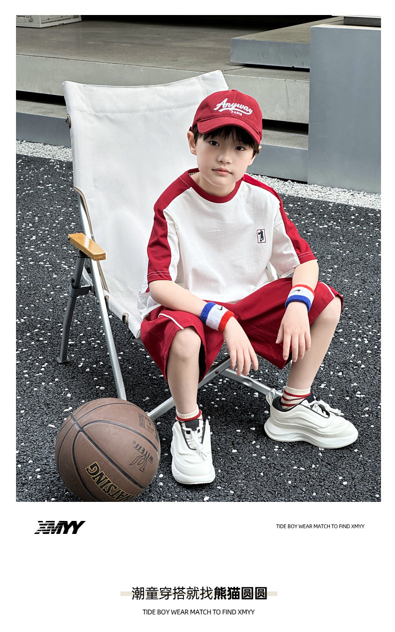 FB24070105男童夏裝套裝2024夏季時尚薄款童裝兒童短袖運動兩件套大男孩球服