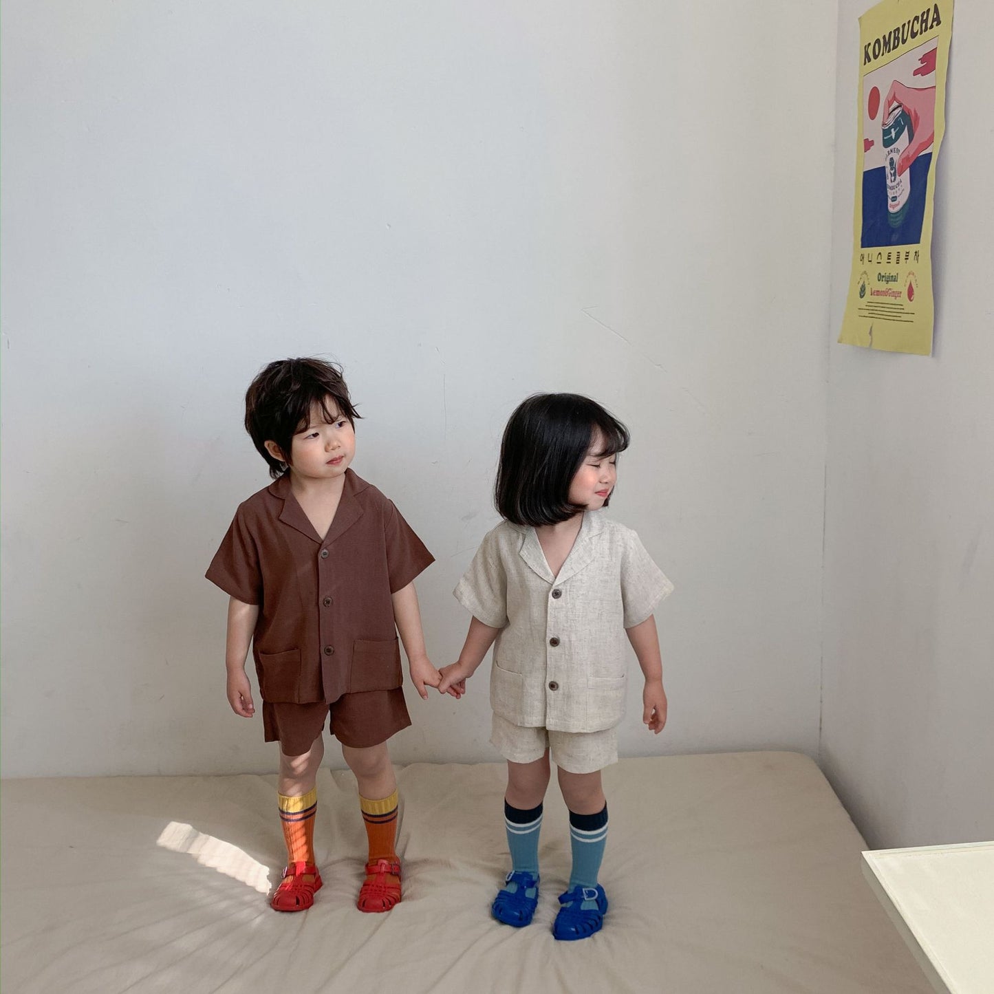 Z25020919韓國童裝兒童時尚韓版套裝男女童童襯衫短袖襯衫短褲兩件套潮