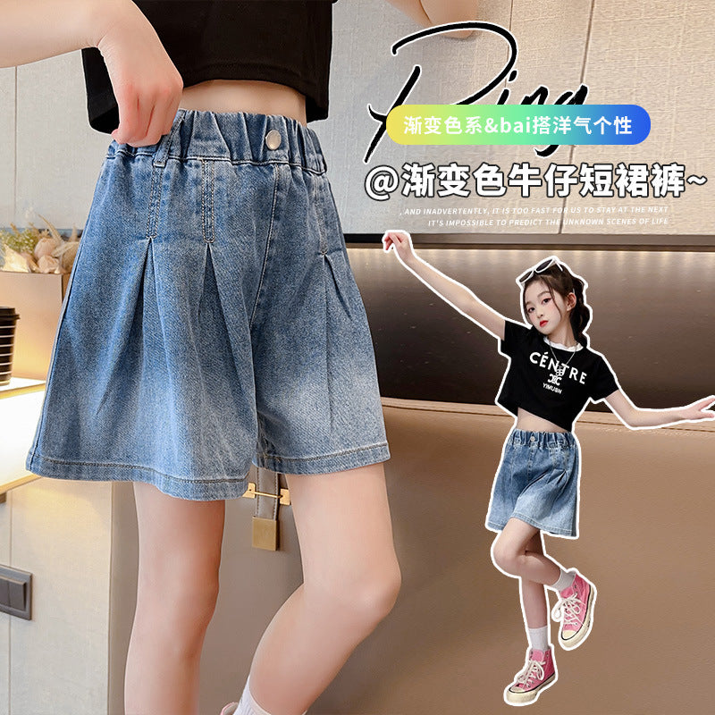 Z25033117女童漸變色短褲夏季韓版洋氣外穿兒童牛仔褲裙褲女大童寬鬆休閒褲