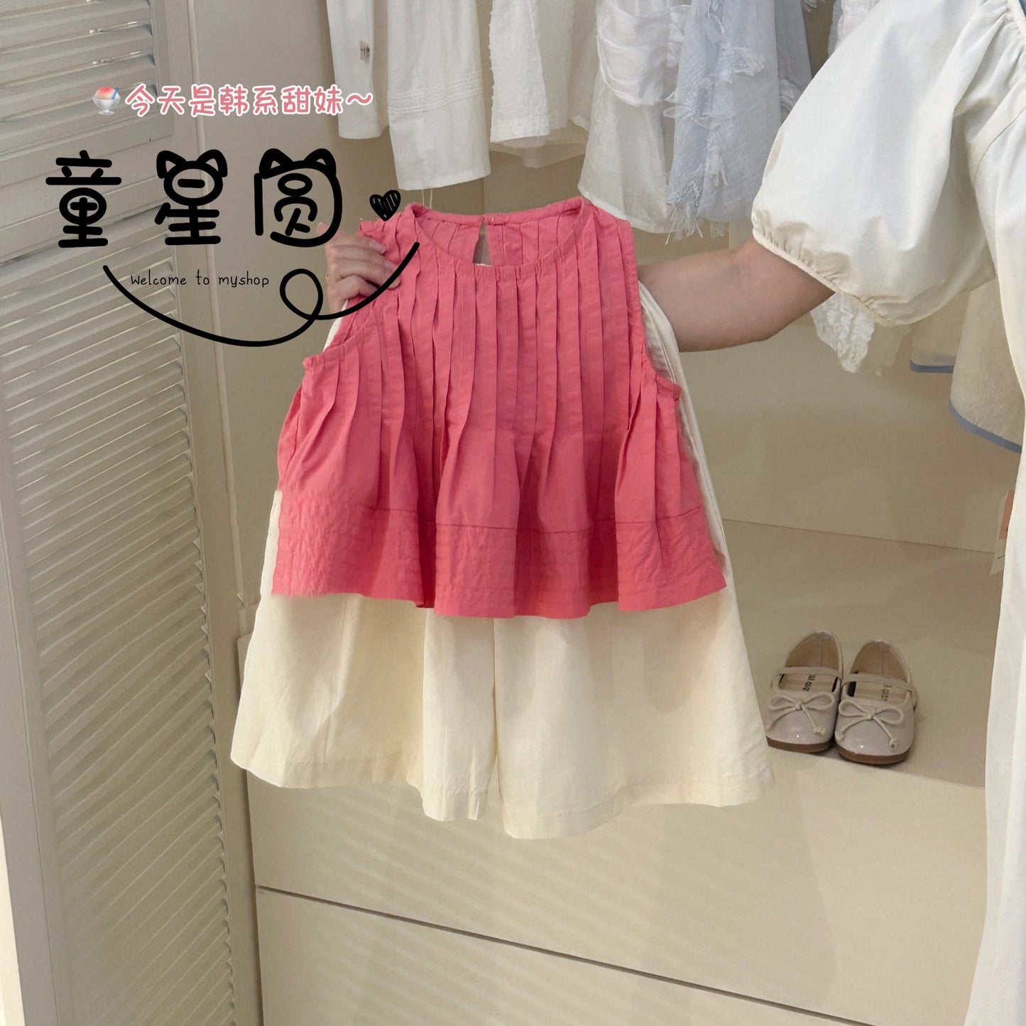 C23061602女復古棉麻背心夏裝2024新款韓版洋氣兒童娃娃衫寬褲套裝