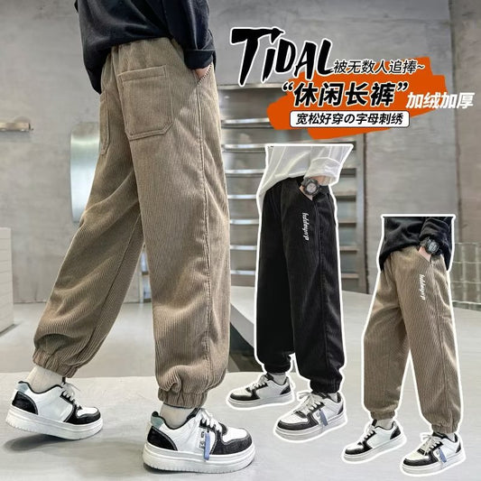 FD24010403男童褲子春秋款兒童運動長褲大童男孩一體絨燈芯加絨休閒