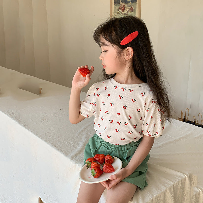 J24022919外貿韓版童裝女童春夏季時尚洋氣粉紅泡泡袖針織衫兒童短袖上衣潮