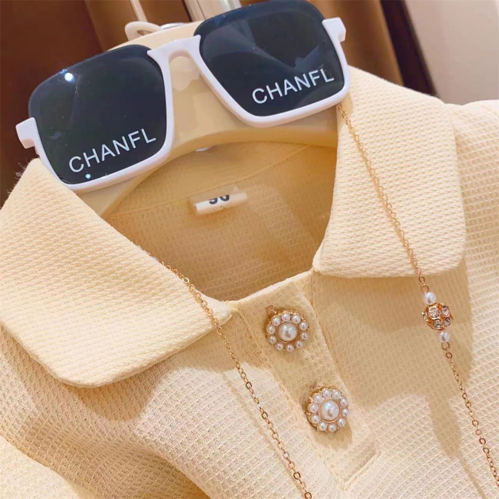 C24032408女童裝中小童搭扣泡泡翻領短袖洋氣魚尾裙褲兩件韓國版夏季時裝