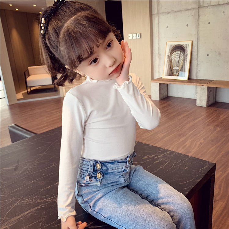 CA23101807女童打底衫新款兒童內搭洋氣蕾絲純色長袖T恤春秋小女孩上衣
