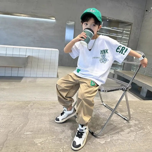 🎈精品童裝🎈FH25062716男童夏裝長褲套裝新款大兒童夏季短袖衣服潮帥氣時髦男孩夏款