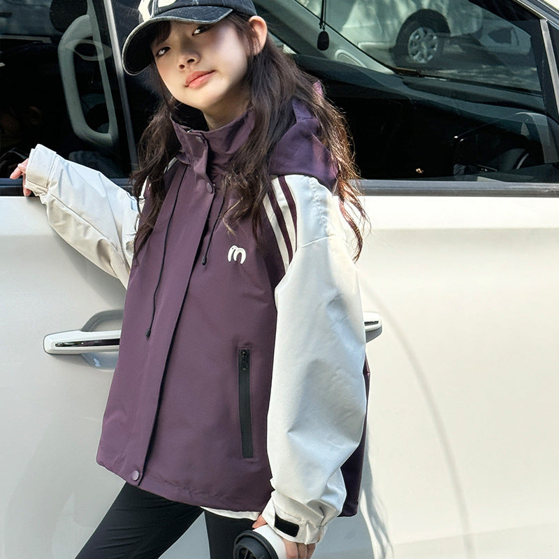 Z24110105女童衝鋒衣外套秋季2024新款兒童寬鬆撞色拼接戶外風童裝上衣百搭