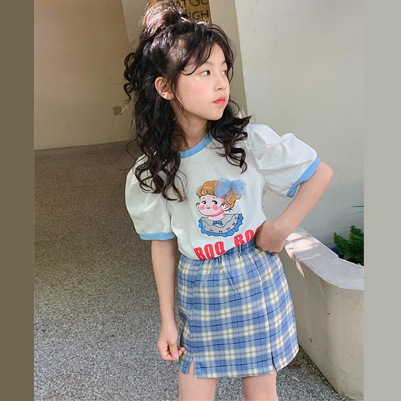 F23062220韓版童裝2023夏季新款百搭泡泡袖短袖T恤可愛格子包裙套裝兩件套