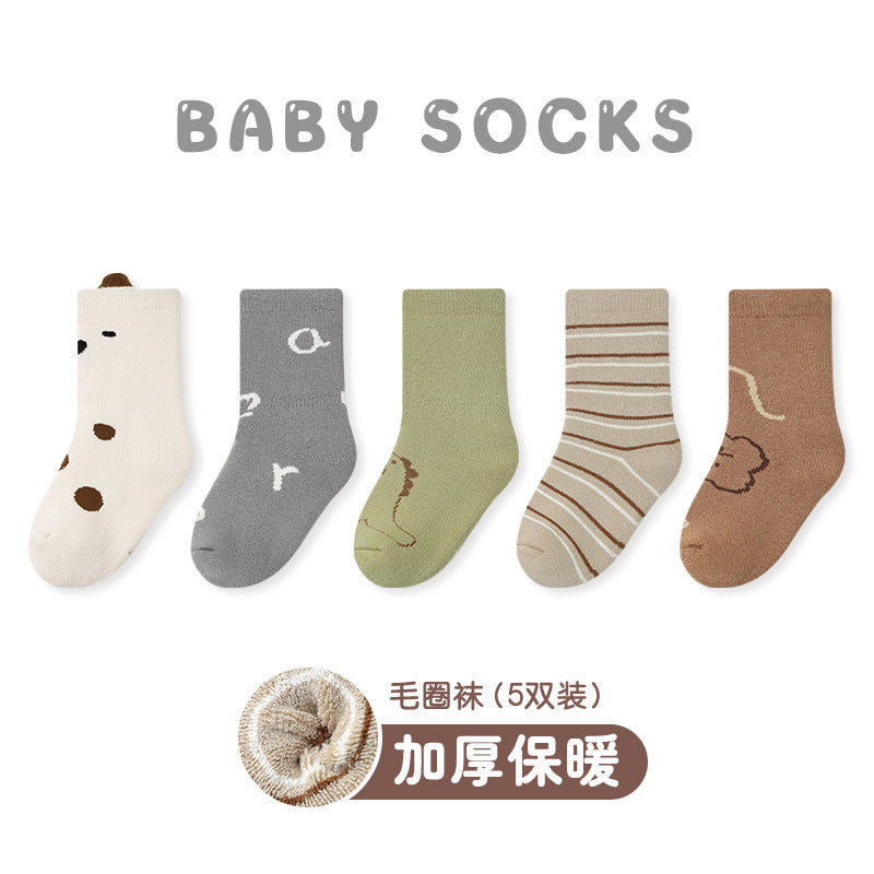 Z23101807嬰兒襪批發2023秋冬加厚卡通動物毛圈襪精梳棉A類保暖男寶寶襪(5雙起批)9~12天到貨