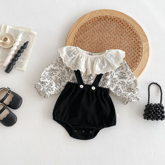 G25092513嬰兒衣服秋裝背帶褲套裝韓版女花邊洋氣碎花上衣女童包屁褲兩件套