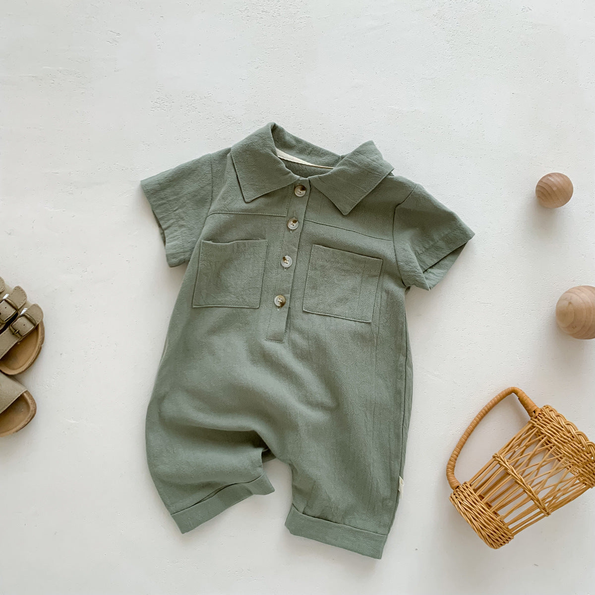 G25051409夏季男童短袖連身衣韓版嬰男寶寶洋氣前開扣新生兒女孩衣服爬爬服