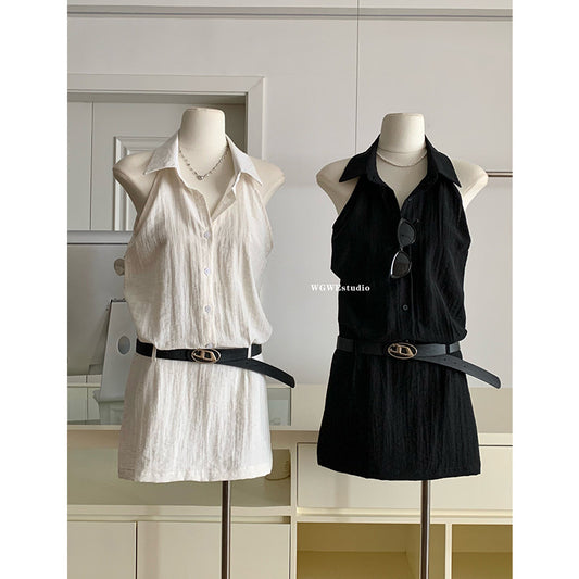 Z240702002夏之序章夏季棉麻包臀裙白色無袖襯衫裙