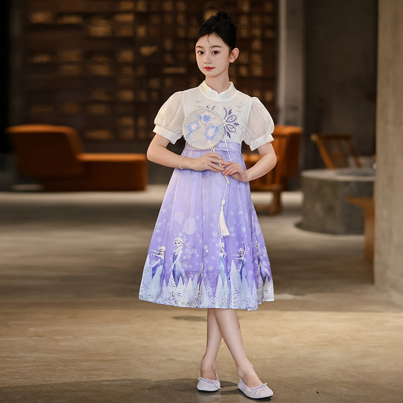 F24050714漢服女童夏裝2024新款大童短袖連身裙兒童風新款夏季唐裝