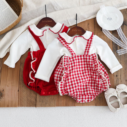 G25092508秋裝嬰兒衣服女寶寶滿月歲背帶裝韓版童裝女寶長袖上衣套裝