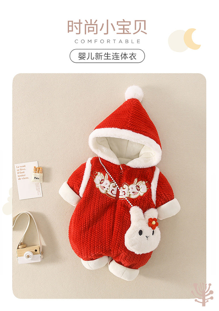 Z23121408嬰兒年服冬季連身衣週歲新生寶寶過年衣服喜慶小兔子拜年棉服(9-12天到貨)