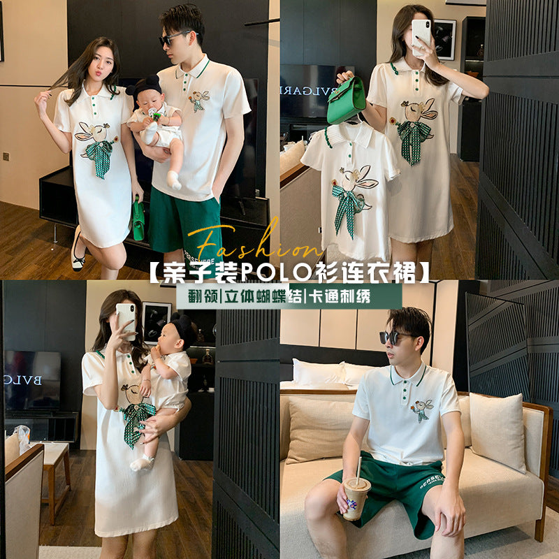 L23070627嬰兒親子夏季一家三口母女連衣裙母子短袖刺繡兔子polo衫度假裝潮