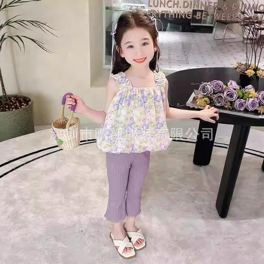 A25072304女童碎花吊帶套裝夏季女寶寶無袖背心喇叭褲兩件套