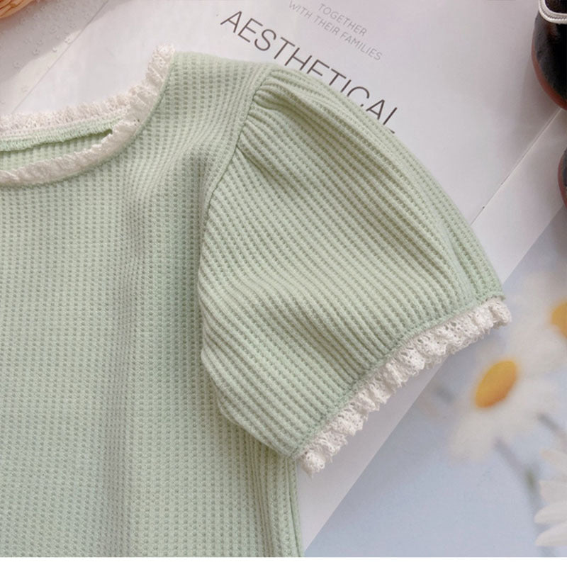 GB23080311女童T恤夏季韓版寶寶清新時尚小女孩潮搭花邊短袖上衣