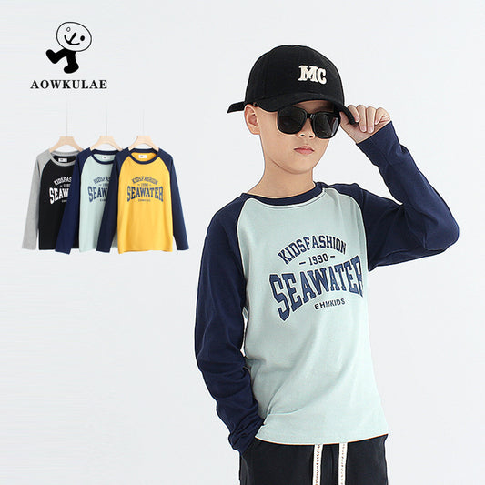 FI25101411春秋韓版新款兒童長袖T恤中大童百搭插肩棉羊絨上衣男童打底衫