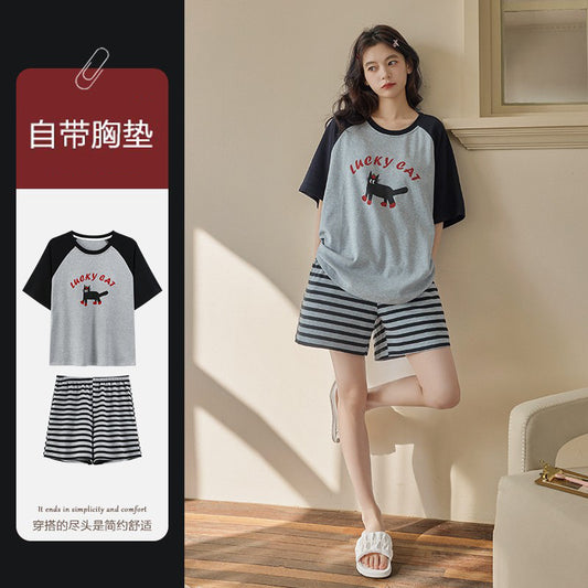 Z25040107自備胸墊睡衣女夏季純棉短袖簡約條紋可外穿學生家居服套裝