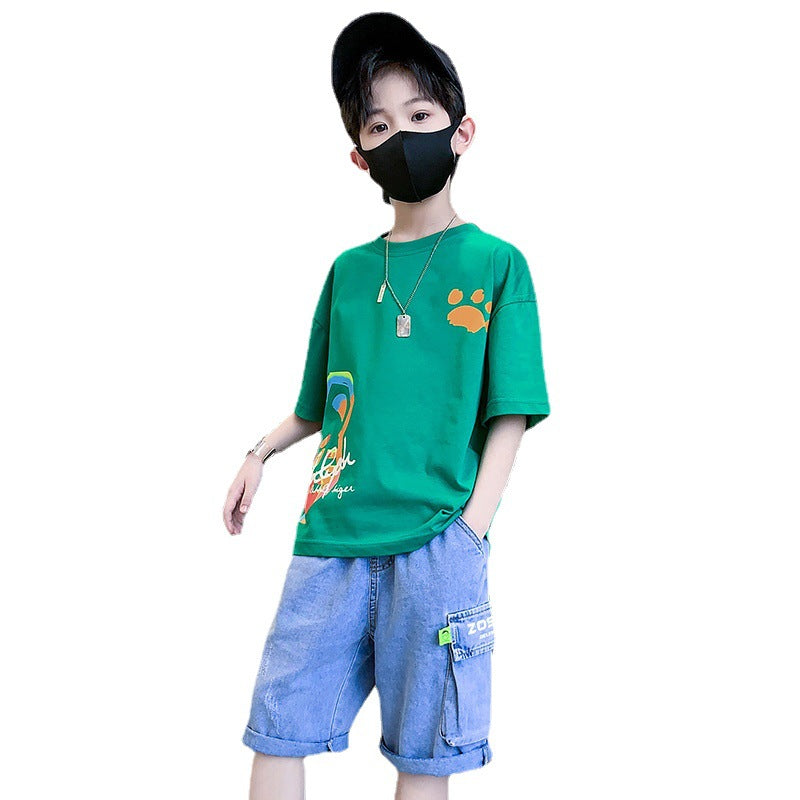 F23050212男童夏季套裝2023新款時髦短袖潮流-中大童
