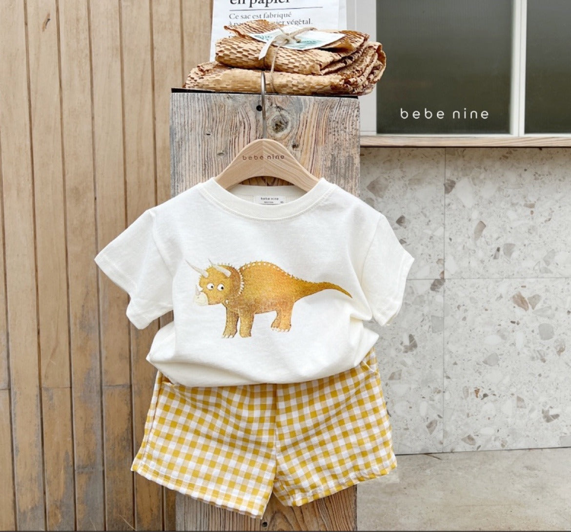 CA25052102韓國童裝夏季新款兒童棉質可愛恐龍短袖格子短褲男女套裝服裝