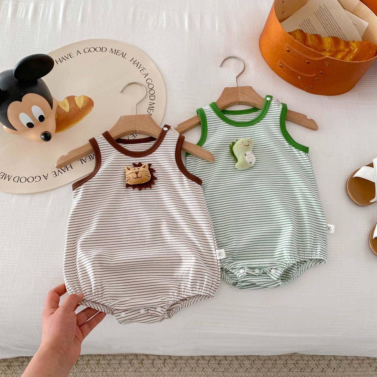 G25051414夏裝新款嬰兒條紋立體卡通背心哈衣男女寶寶薄款休閒裝爬爬服